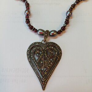 Sterling Silver Marcasite, Garnet and Black Pearl Necklace